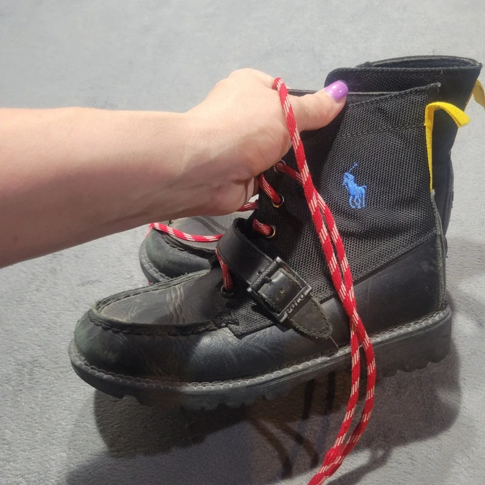 Polo Ralph Lauren Ranger Hi II Boy Size 2 Black Leather Textile Combat Boots Lug